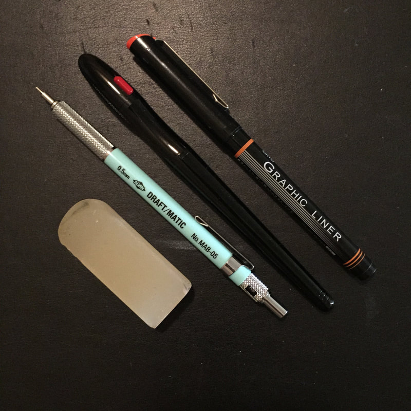 Mab Graves Pencils, Ohto Graphic Liner, Caran d'Aache Eraser, Pilot Penmanship Fountain Pen, Kiala Givehand